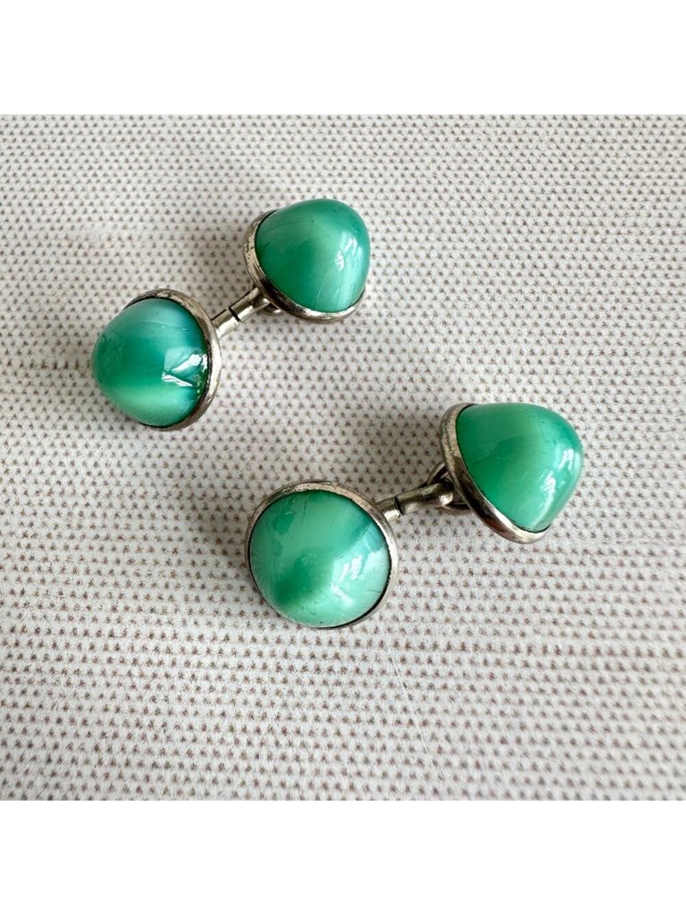 Art Deco Opaline Glass Cufflinks Aqua Double Face Chain Link 1920s